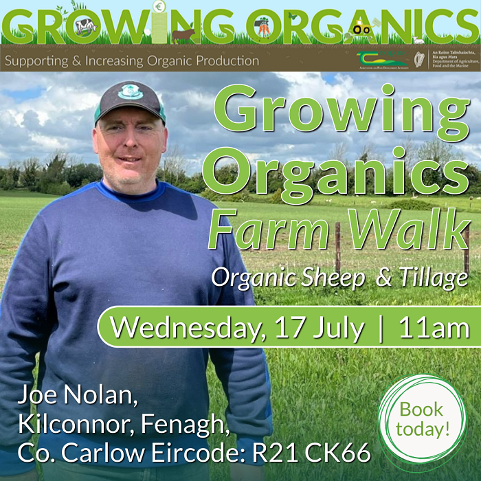 Graphic for Joe Nolan Growing Organics farm walk including picture of farm and event date and location as included in text of this article